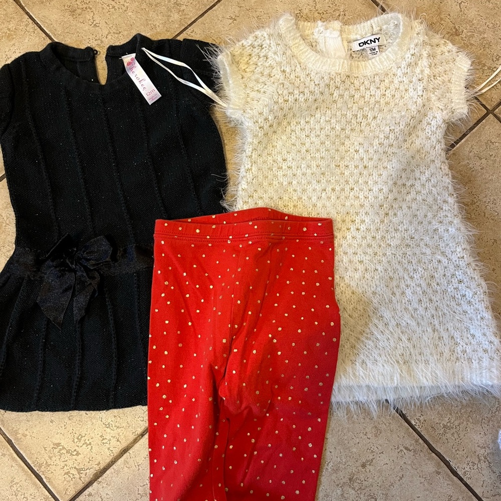 DKNY white tunic dress and Black Dress and Red Leggings Set